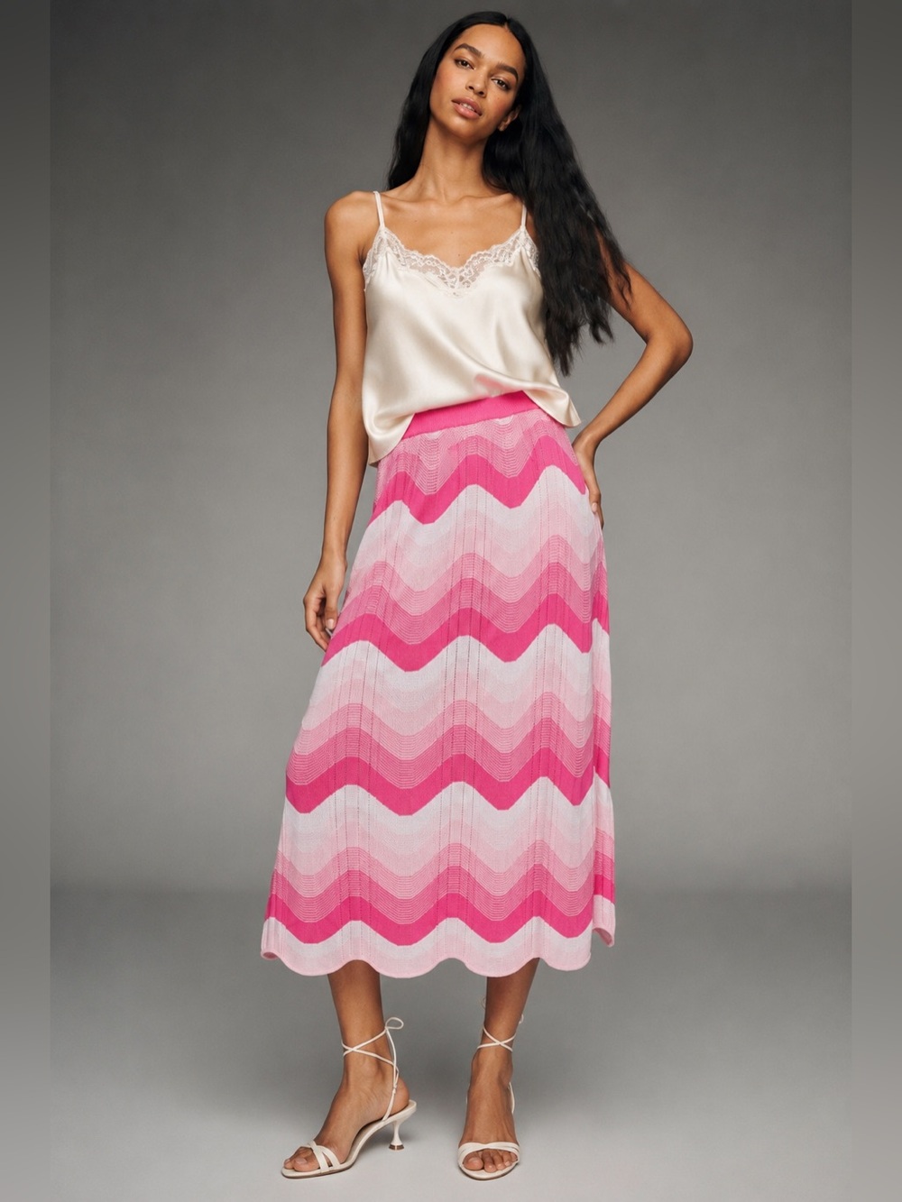 NWT Ming Wang Scallop Stripe Knit Midi Skirt Pink Multi Sz M